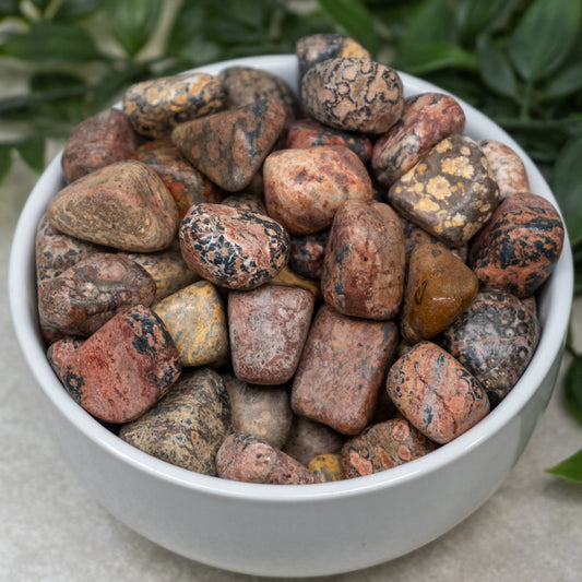 tumbled smooth stones in varying shades of pink, brown, red, and black spots