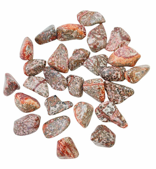 tumbled smooth stones in varying shades of pink, brown, red, and black spots