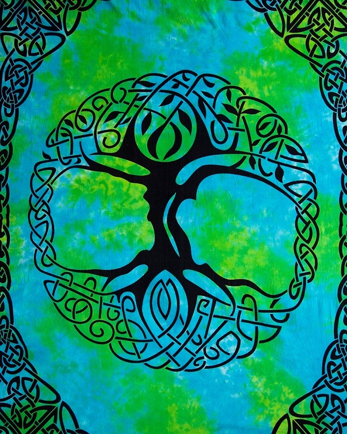 A square textile or wall hanging featuring a stylized black Celtic tree of life with intricate knotwork branches and roots, centered on a bright blue and green tie-dye background with a matching black border.