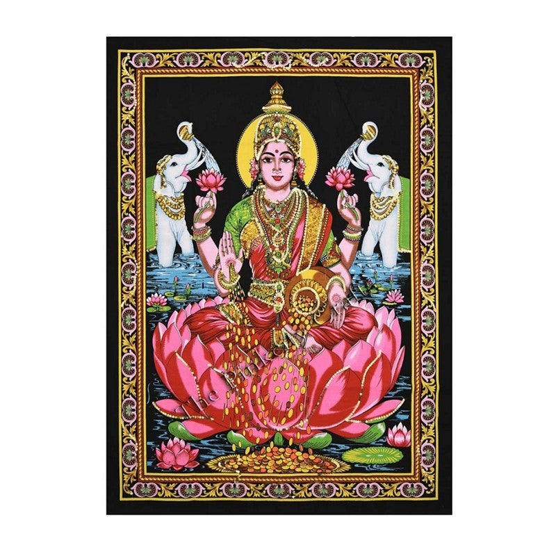 A framed traditional Indian-style artwork showing a seated Hindu deity on a large pink lotus, with two white elephants behind him and a decorative gold border on a black background.