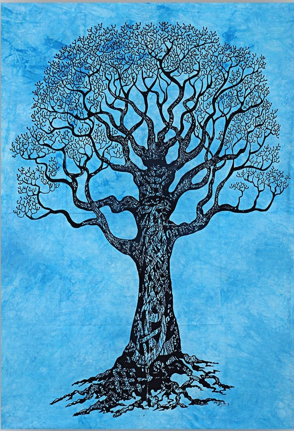 A stylized black tree with an intricate branching canopy and exposed roots, centered on a textured blue background.