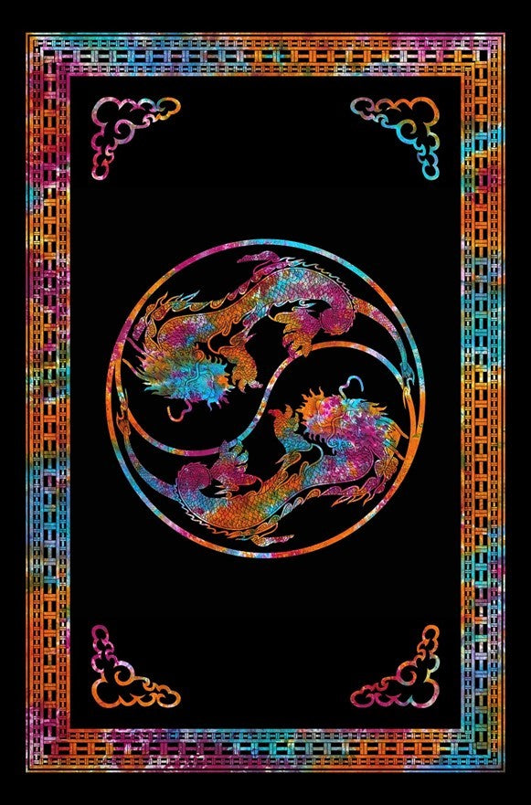 A square black art print or poster featuring a central circular yin-yang style design made of two colorful dragons in a rainbow gradient, surrounded by a decorative multicolor border with cloud motifs in the corners.