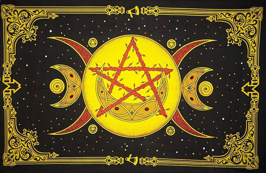 A black tapestry or wall hanging featuring a large central yellow circle with a red pentagram, surrounded by red crescent shapes, gold celestial motifs, and an ornate gold border on a black background.