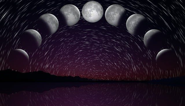 Moon phases arched through a starry sky