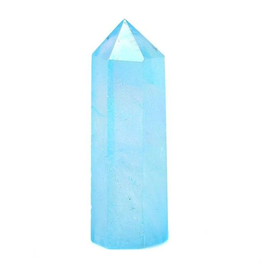 A light blue pointed crystal tower or gemstone column, photographed upright against a plain white background.