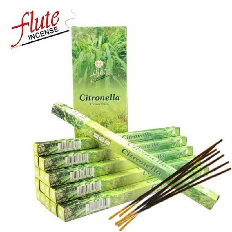 Flute Incense Citronella incense sticks with their green packaging boxes, shown on a plain white background with a brand logo in the top left corner.