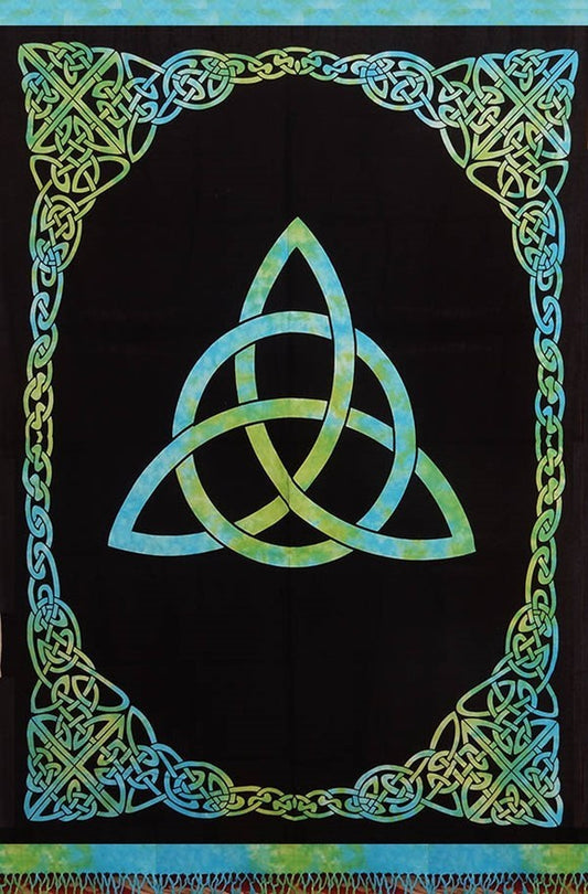 A black Celtic tapestry featuring a central triquetra (trinity knot) design in a blue and green tie-dye pattern, surrounded by an ornate Celtic knot border in matching blue and green tones.