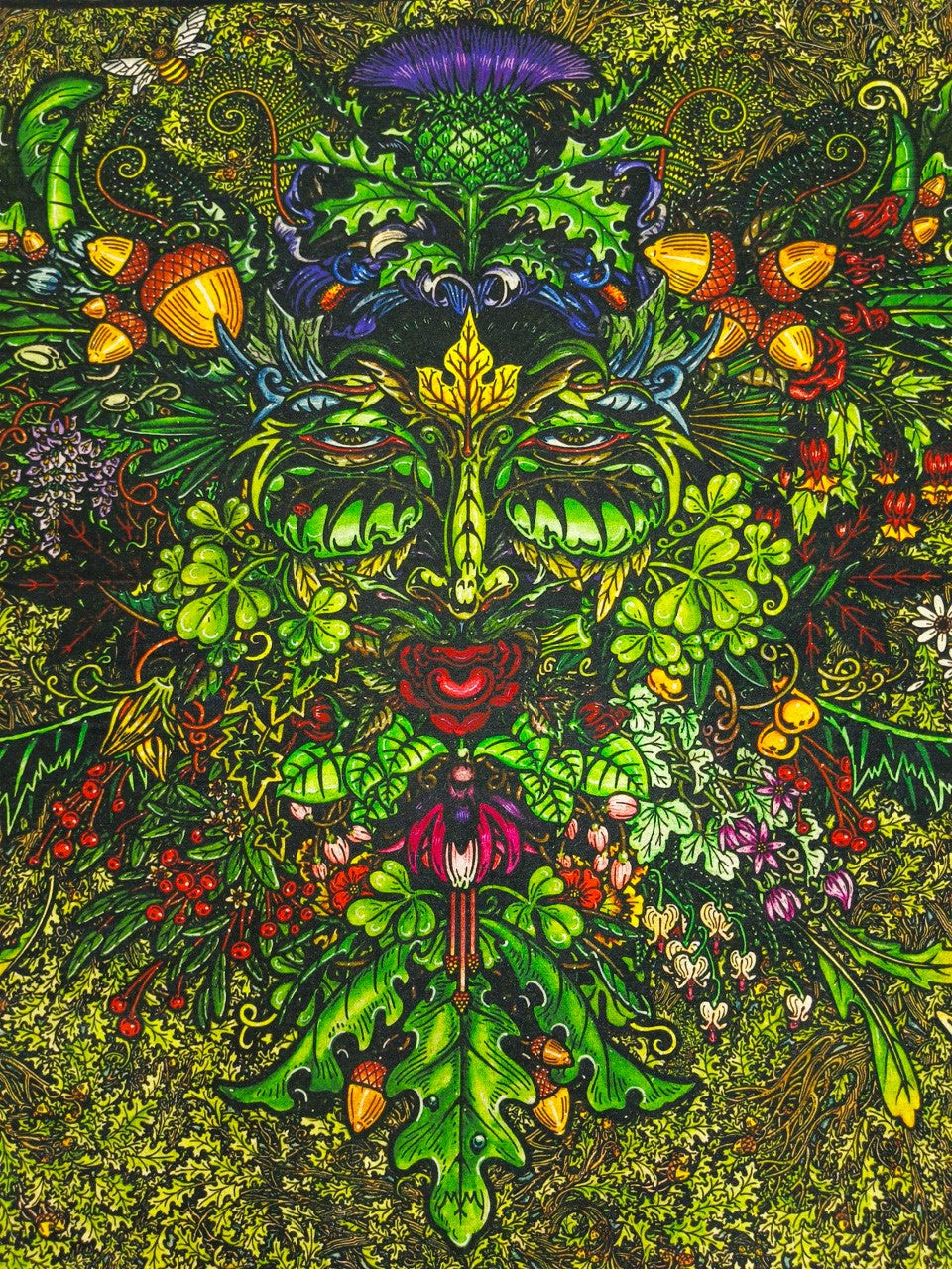 A highly detailed, symmetrical nature-themed illustration featuring a green leafy face surrounded by acorns, flowers, thistles, and woodland elements in vivid green, yellow, red, purple, and blue tones.