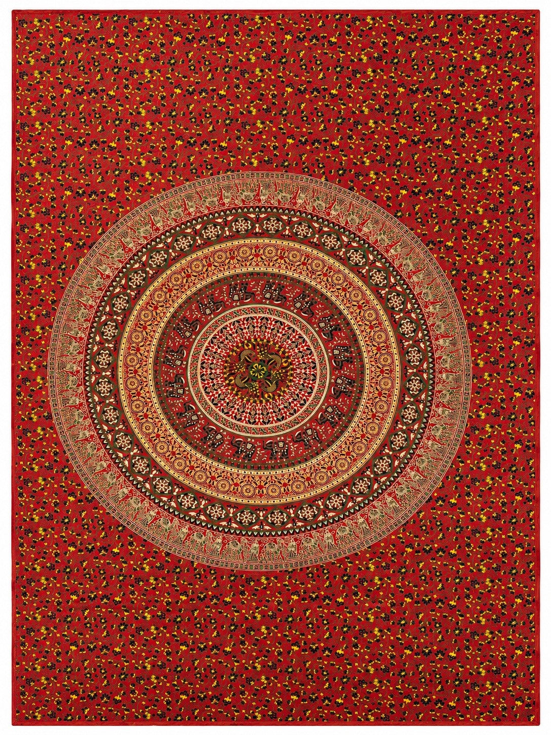 A square area rug with a vibrant red base, featuring a large central circular mandala pattern in beige, brown, and red, surrounded by a dense small-scale floral print.