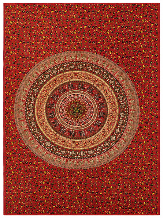 A square area rug with a vibrant red base, featuring a large central circular mandala pattern in beige, brown, and red, surrounded by a dense small-scale floral print.