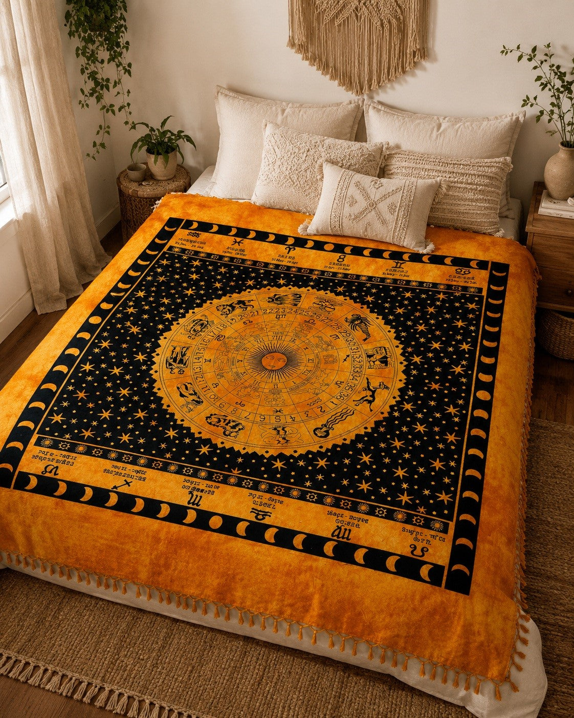 A bed dressed in a large zodiac-themed blanket featuring a golden astrological wheel, moon phases, and stars on a black background, styled in a warm, boho bedroom with cream pillows and plants.