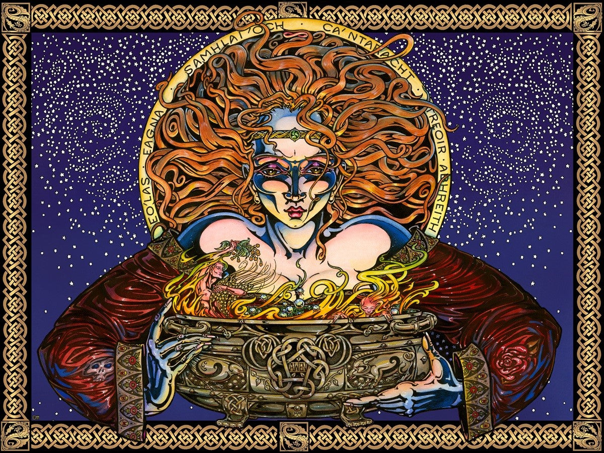 Artistic depiction of a figure with intricate designs and a starry background