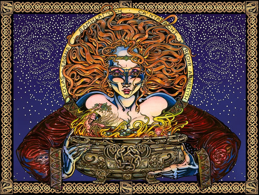 Artistic depiction of a figure with intricate designs and a starry background