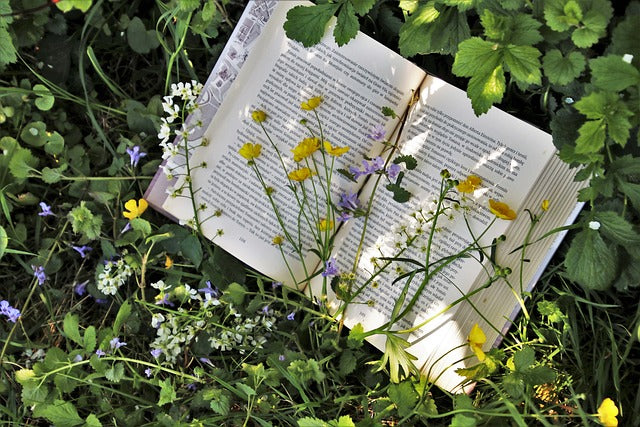 Image of a book laying in flowers and foliage.