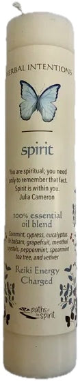 Candle labeled 'spirit' with butterfly design and text on a white background