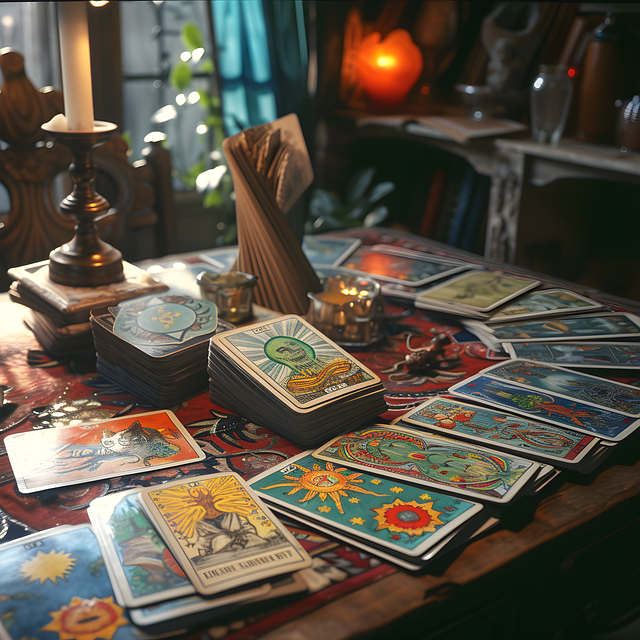 Tarot spread in an arc on cloth on a wooden table with candles and card stacks.