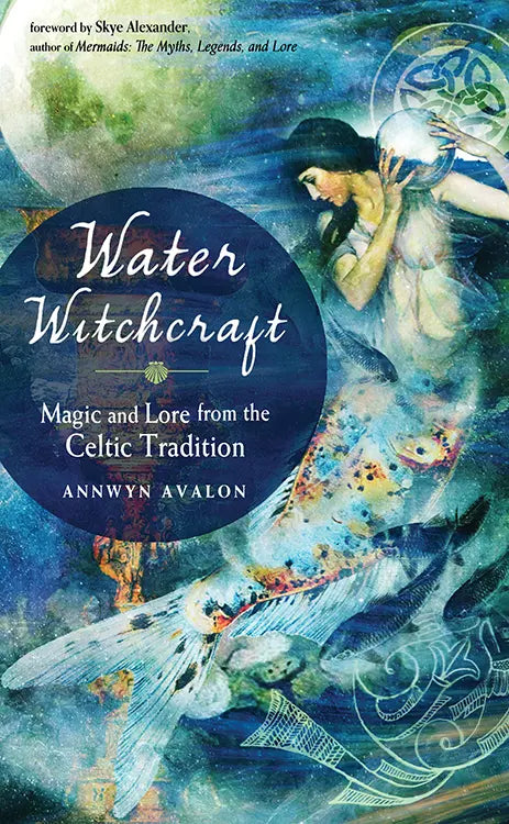 watery background with mermaid holding a sphere.