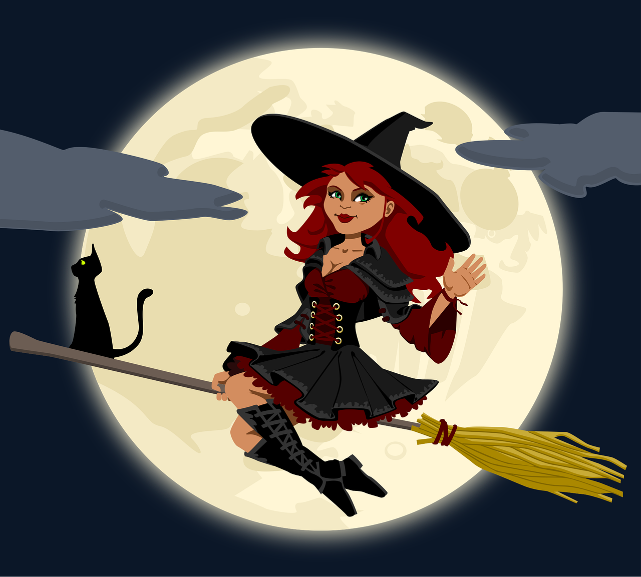 Witch riding a broom moon background and a cat