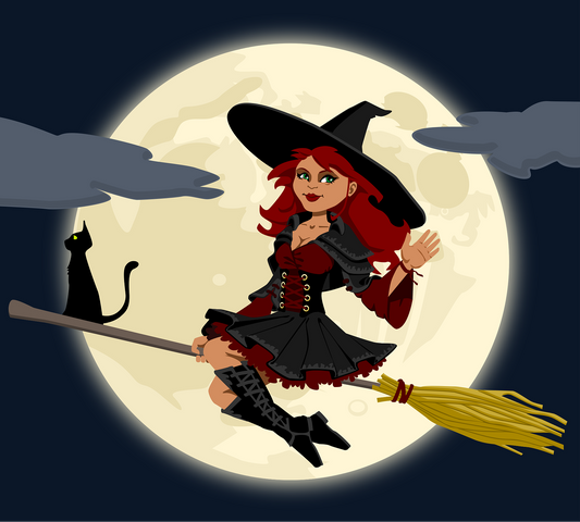 Witch riding a broom moon background and a cat